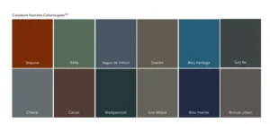 Palette of twelve dark color swatches labeled with names: Séquoia, Trèfle, Vague de minuit, Granite, Bleu héritage, Gris fer, Chenal, Cacao, Wedgewood, Gris delavé, Bleu marine, Bronze urbain.