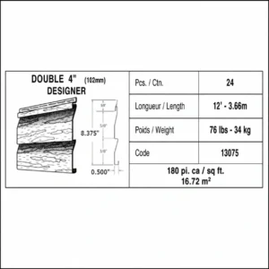 Cedar Redition profil double 4 pouces - Distribution DWP Technical label for a Double 4" Designer product showing 24 pcs, length 12'3.66m, weight 76 lb (34 kg), code 13075, area 180 sq ft (16.72 m2), with a stacked wood plank diagram.