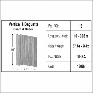 Cedar Redition vertical à baguette - Distribution DWP Spec sheet for Vertical à Baguette Board & Batten with dimensions: 10" height, 7.91" width, plus weight and quantity details (16 pcs) and code 13086.