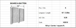 Product sheet for 'Board & Batten': image of a wood panel with 20" width; specs list: 6 pieces per carton, length 10' (3.05 m), 9.29 m2 per carton, code H2019, and 100 sq ft total.