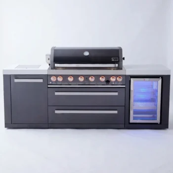 barbecue Mont Alpi 805 série noire avec réfrigérateur intégré pour une cuisine extérieure complète acier inoxydable 304