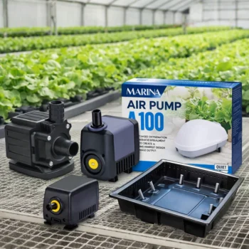 Pompes et équipements de contrôle d’eau horticole avec bac de culture et système d’irrigation en serre.